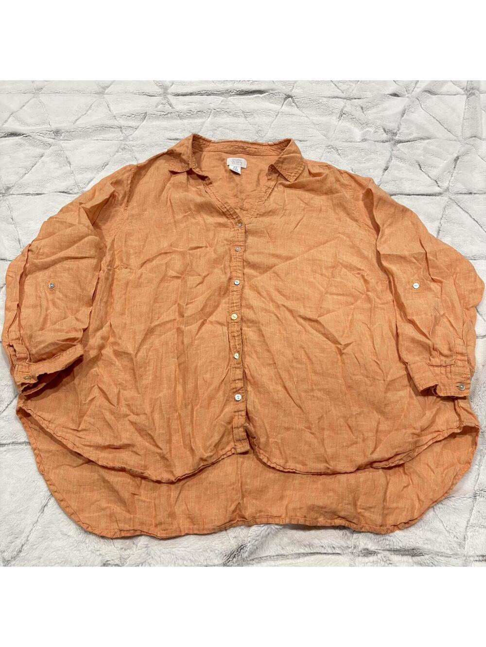 Sigrid Olsen Summer Beach Plus Size 3X Orange Linen Button Up Shirt Women Casual
